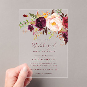 Burgundy Blush Floral Wedding   Acrylic Invitations