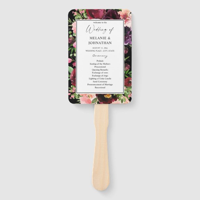 Burgundy & Blush Floral Wedding Ceremony Program B Hand Fan (Front)