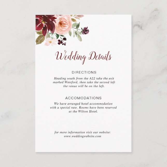 burgundy blush floral wedding details card (Front)
