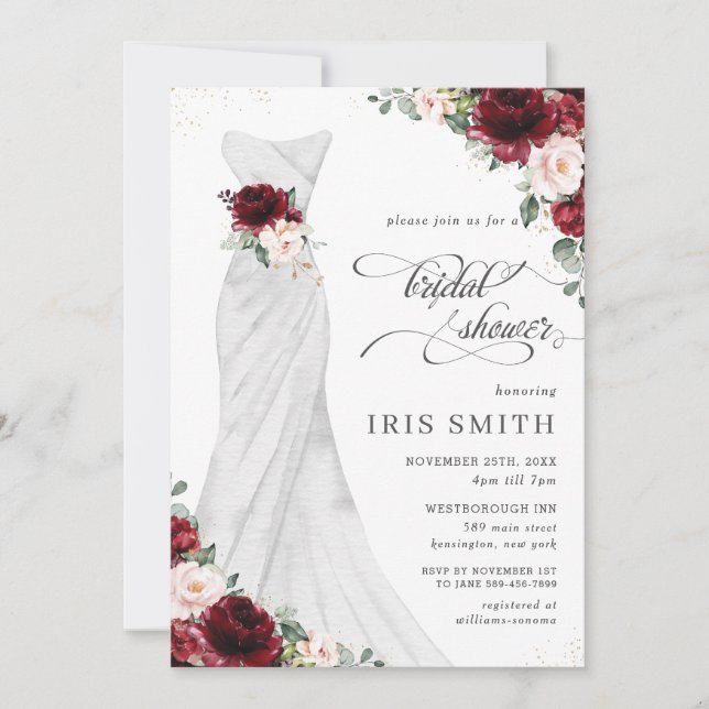 Burgundy Blush Floral Wedding Dress Bridal Shower Invitation (Front)