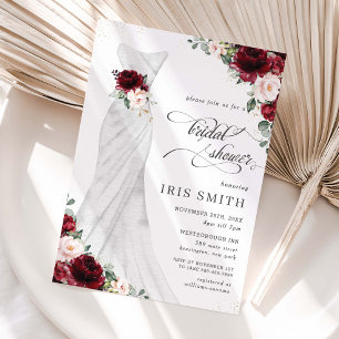 Burgundy Blush Floral Wedding Dress Bridal Shower Invitation