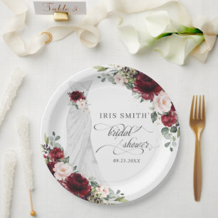Burgundy Blush Floral Wedding Dress Bridal Shower Paper Plate