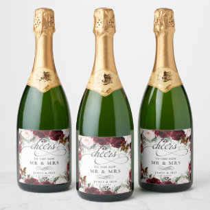 Burgundy Blush Floral Wedding Gold Butterflies  Sparkling Wine Label