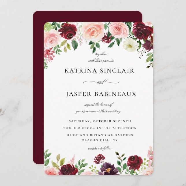 Burgundy Blush Floral Wedding Invitation (Front/Back)