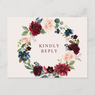 Burgundy blush floral wedding RSVP Postcard