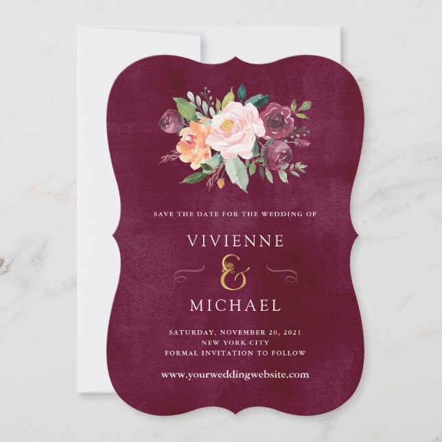 Burgundy Blush | Floral Wedding Save the Date (Front)