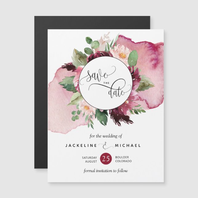 Burgundy Blush Floral Wedding Save The Date Magnet (Front/Back)