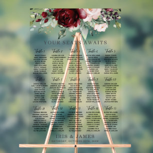 Burgundy Blush Floral Wedding Seating Chart Sign