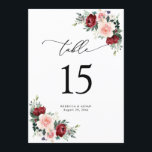 Burgundy Blush Floral Wedding Table Number Cards<br><div class="desc">Designed to coordinate with our Romantic Blooms collection,  this customizable Table Number Card features watercolor burgundy and blush florals with greenery leaves and paired with a stylish script & classy serif font in black. To make advanced changes,  go to "Edit using Design Tool" option under Personalize this template.</div>