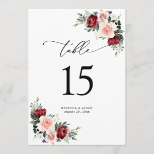 Burgundy Blush Floral Wedding Table Number Cards