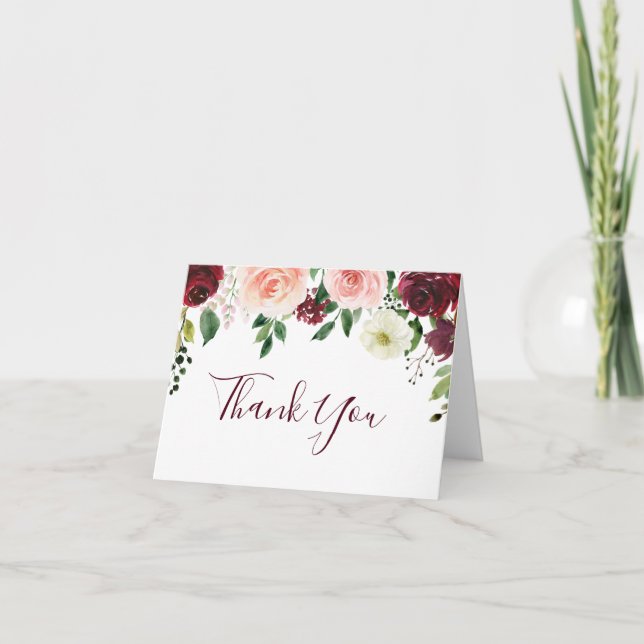 Burgundy Blush Floral Wedding Thank You Card (Front)