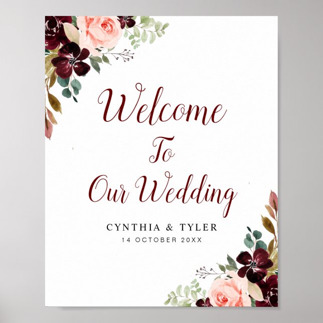 burgundy & blush floral welcome wedding sign (Front)