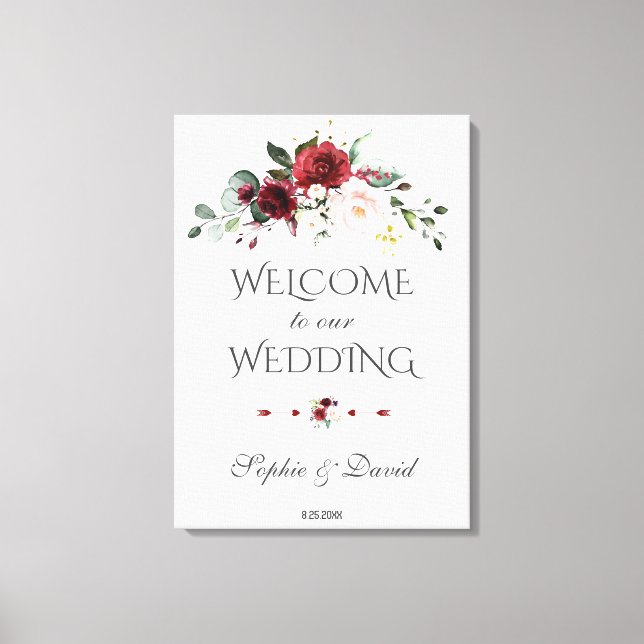 Burgundy Blush Floral Welcome Wedding Sign (Front)