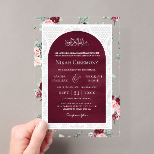 Burgundy Blush Floral White Lace Muslim Wedding Acrylic Invitations