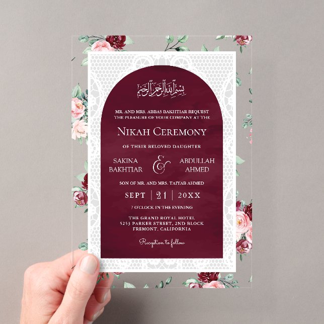 Burgundy Blush Floral White Lace Muslim Wedding Acrylic Invitations (Insitu (Handheld))