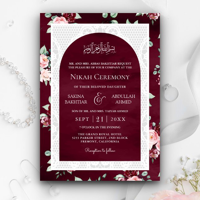 Burgundy Blush Floral White Lace Muslim Wedding Invitation (Creator Uploaded)