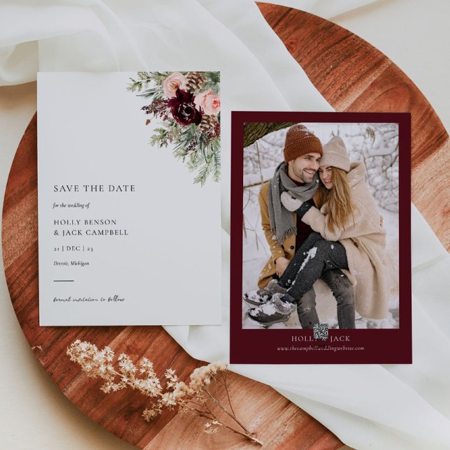 Burgundy Blush Floral Winter Wedding Save the Date Invitation (Creator Uploaded)