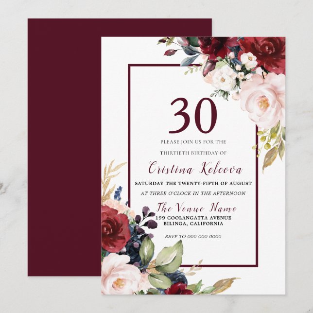 Burgundy Blush Floral Womans Mens 30th Birthday Invitation (Front/Back)