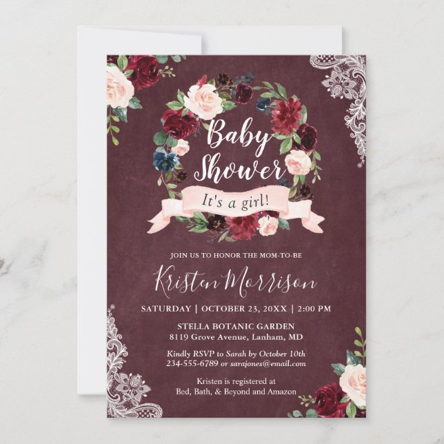Burgundy Blush Floral Wreath Lace Baby Shower Invitation (Front)