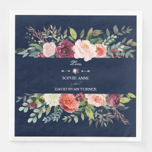 Burgundy Blush Floral Wreath Navy Blue Wedding Napkin