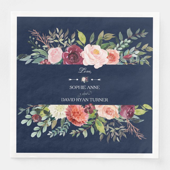 Burgundy Blush Floral Wreath Navy Blue Wedding Napkin (Front)