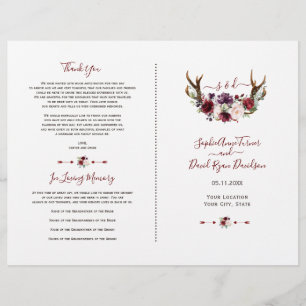 Burgundy Blush Florwers Antlers Wedding Program