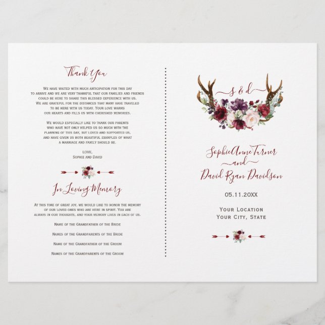 Burgundy Blush Florwers Antlers Wedding Program (Front)