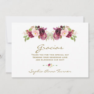 Burgundy Blush Flower Spanish Gracias Baby Shower Thank You Card
