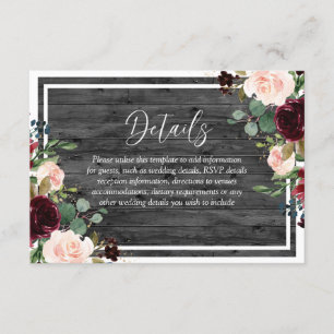 Burgundy & Blush Flowers Charcoal Wood Wedding Enclosure Card