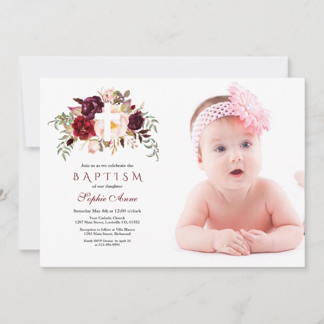 Burgundy Blush Flowers Cross Photo Baptism Invitation (Front)
