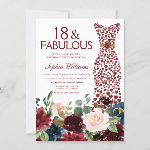 Burgundy Blush Flowers & Dress 18th Birthday Party Invitation