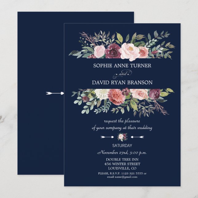 Burgundy Blush Flowers Frame Navy Blue Wedding Invitation (Front/Back)