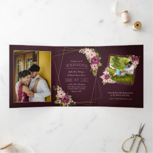 Burgundy & Blush Flowers Geometric Wedding Tri-Fold Invitation