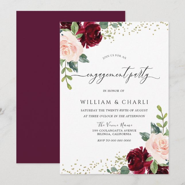 Burgundy & Blush Flowers Glitter Engagement Party Invitation (Front/Back)