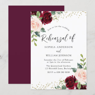 Burgundy & Blush Flowers Glitter Rehearsal Dinner Invitation