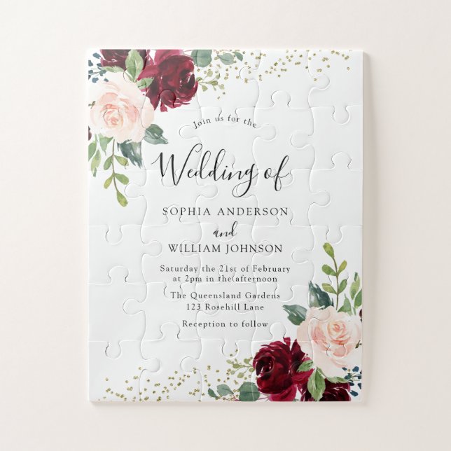 Burgundy & Blush Flowers Glitter Wedding Invitatio Jigsaw Puzzle (Vertical)