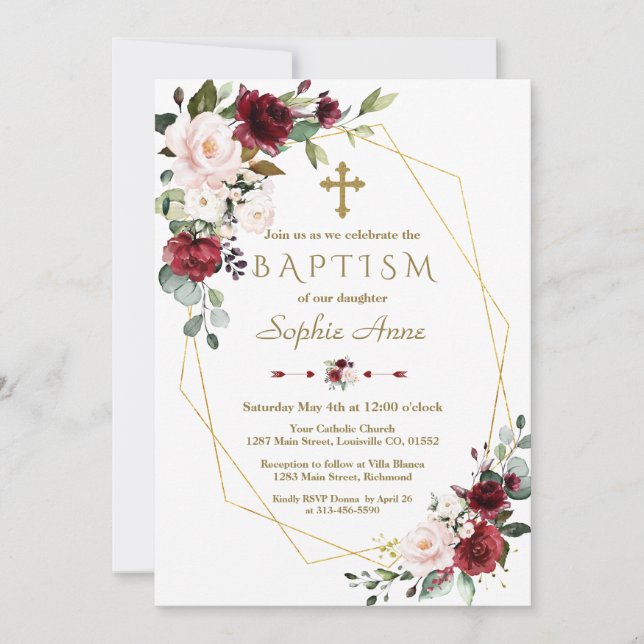 Burgundy Blush Flowers Gold Frame Cross Baptism Invitation (Front)