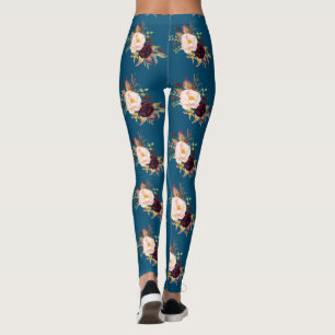 Burgundy Blush Flowers Ocean Blue Pattern Leggings