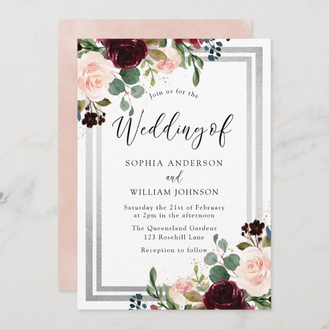 Burgundy Blush Flowers & Silver Spring Wedding Invitation (Front/Back)