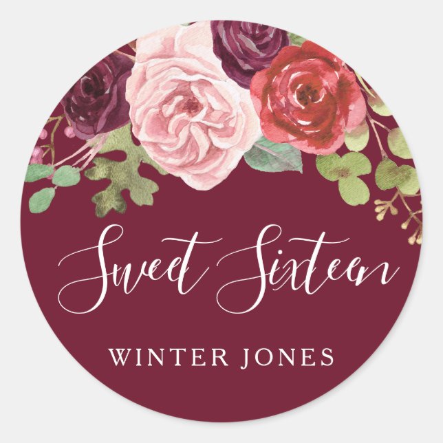 Burgundy Blush Flowers Sweet 16 Party Stickers (Front)