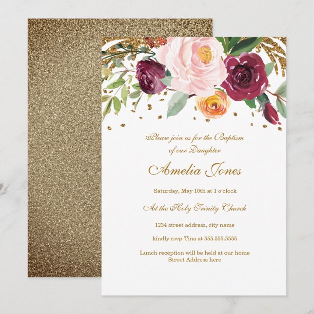 Burgundy Blush Gold Floral Glitter Baptism Invitation (Front/Back)