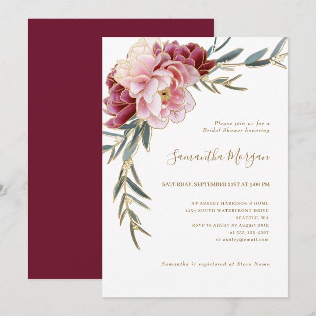Burgundy Blush Gold Floral Greenery Bridal Shower Invitation (Front/Back)