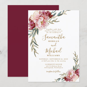 Burgundy Blush Gold Floral Greenery Wedding Invitation