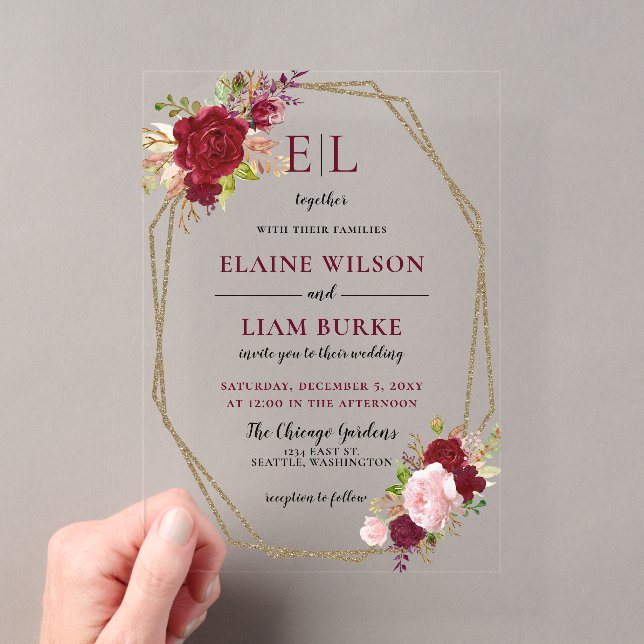 Burgundy Blush Gold Floral Monogram Wedding Acrylic Invitations (Insitu (Handheld))