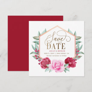 Burgundy Blush Gold Floral Save the Date Announcement