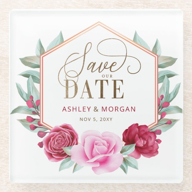 Burgundy Blush Gold Floral Save the Date Glass Coaster (Front)