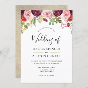 Burgundy Blush & Gold Floral Wedding Invitation