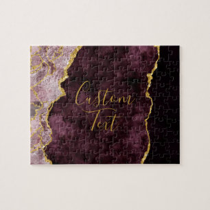 Burgundy Blush Gold Foil Agate Marble Custom Text Jigsaw Puzzle
