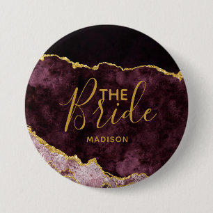 Burgundy Blush Gold Foil Agate Marble the Bride 3 Inch Round Button