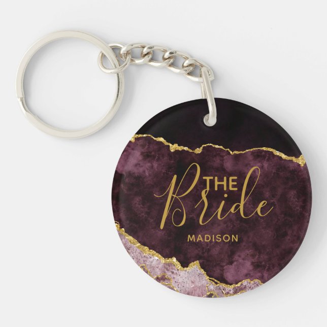 Burgundy Blush & Gold Foil Agate Marble the Bride Keychain (Front)